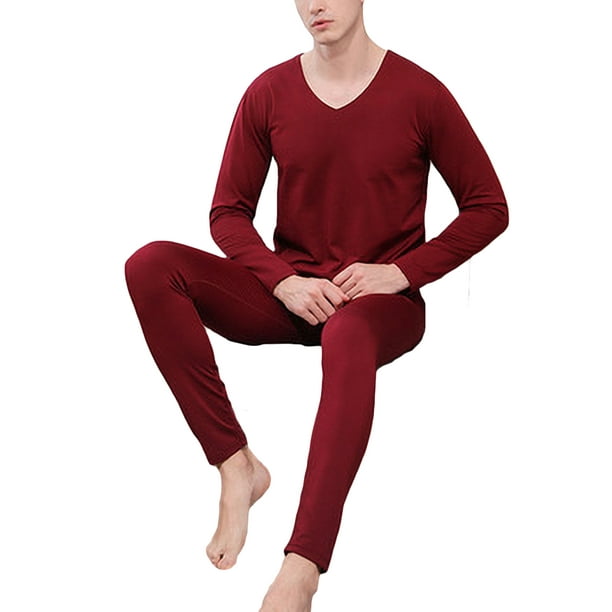LUXUR Mens Thermal Underwear Long Sleeve Johns Set V Neck Top And