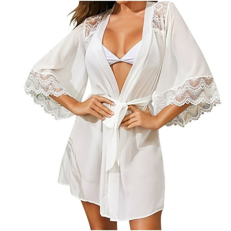 Lilgiuy Lingerie for Women s Comfortable and Versatile Lace Stitching Oversized Pajamas Pajama Skirt With Belt for Bridal Shower