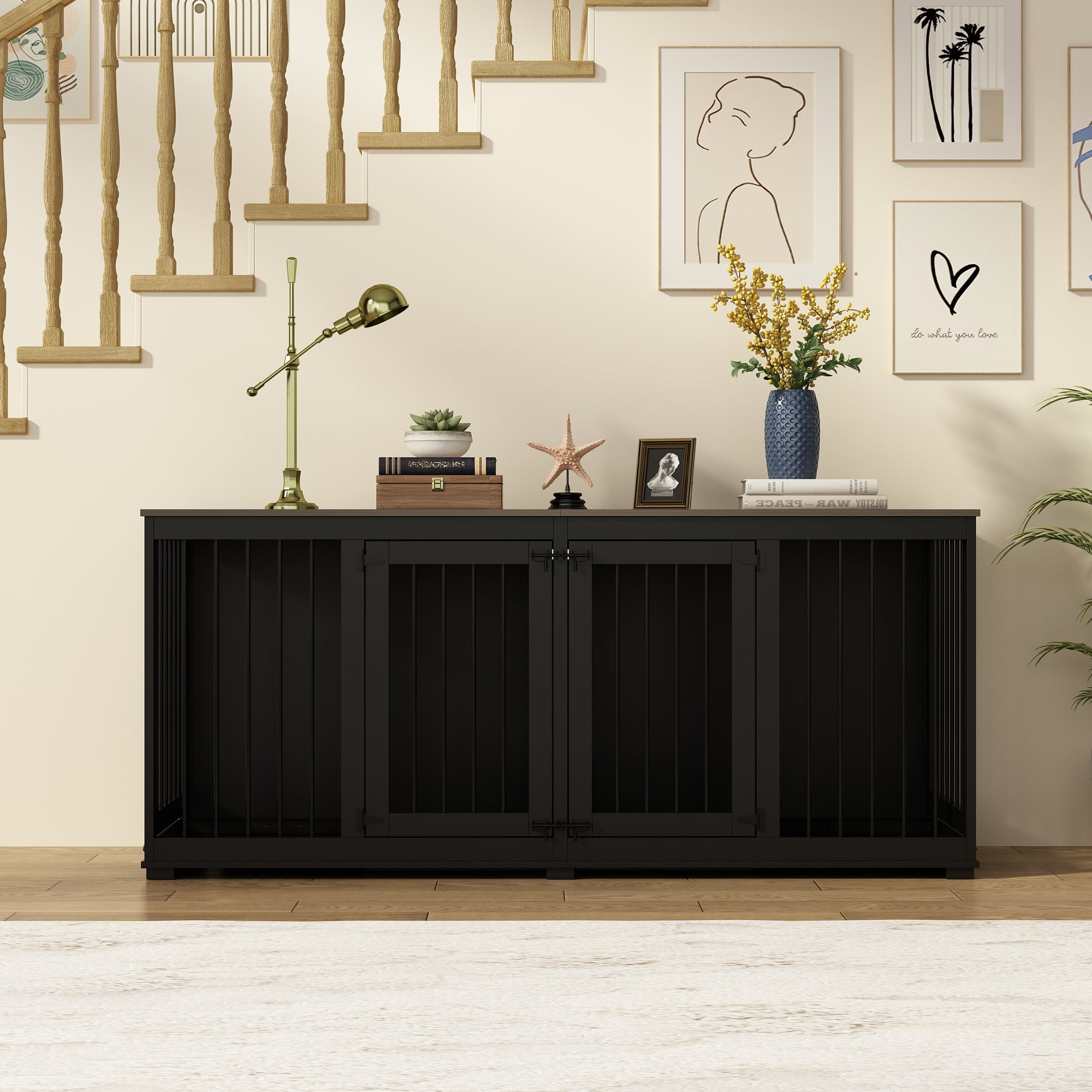 NARTRU Dog Crate Furniture, Wooden Dog Kennel with Tray and Divider, 70.9" , Black