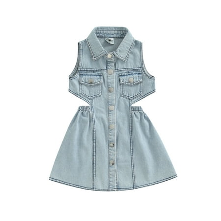 

Kids Baby Girls Denim Dress Sleeveless Turn Down Collar High Waist Hollow Out Jeans Long Skirt Summer Sundress