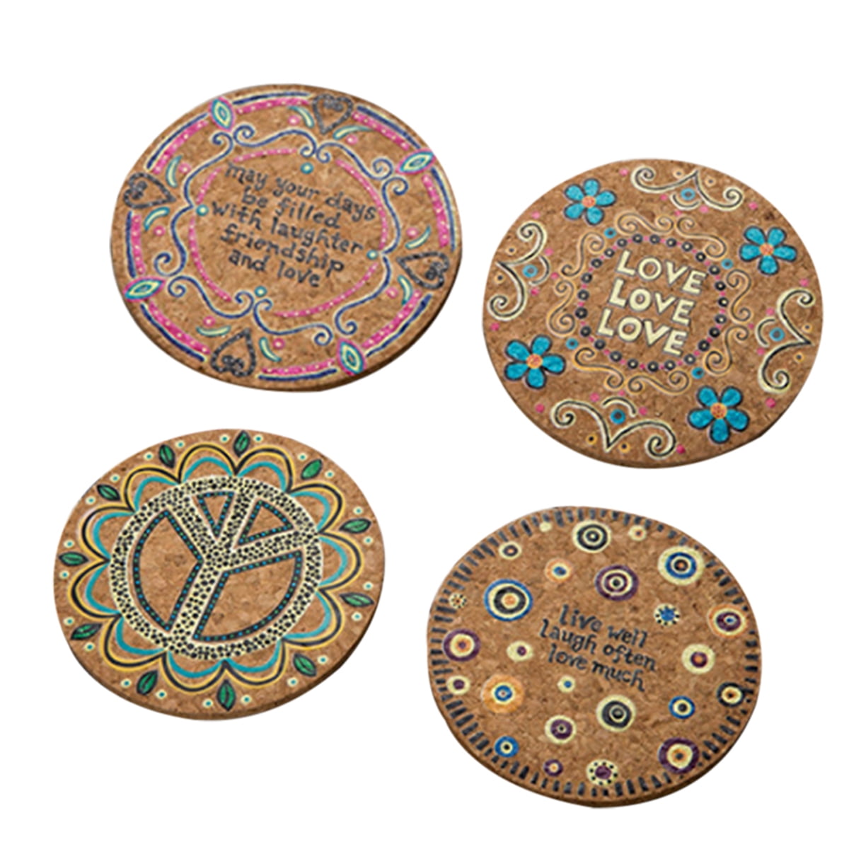 OUNONA 4 Pcs Round Natural Cork Coasters Heat Resistant Patterned Mats Tabletop Protection Drink
