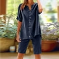 thumbnail image 2 of Caywon Women's Fashionable Cotton and Linen Shorts Short Sleeved Shirt Set Casual Two Piece Set Spring and Summer Shorts Pajama Set(Navy,M), 2 of 9