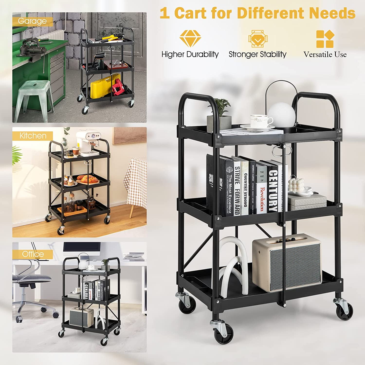 AISUO  Folding Utility Cart,3-Tier Rolling Tool Cart w/Lockable Wheels, 300LBS Capacity,Divided Storage Compartments,Collapsible Metal Service Cart Work Cart for Office Home,Garage,Kitchen,Black