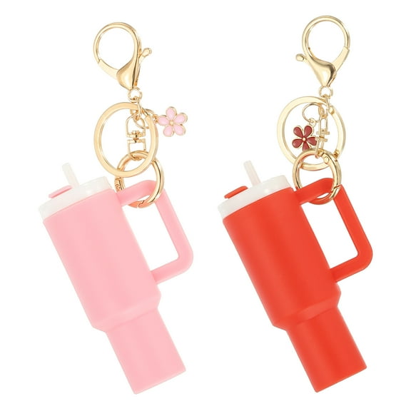 Uxcell Mini Cup Keychain, 2Pcs Mini Tumbler Keychain Lip Balm Holder Cute Cup Charm for Women Handbags Backpack, Pink, Red Flower