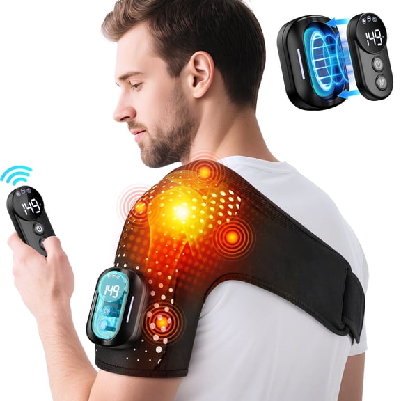Heated Shoulder Wrap with Remote Controller, Heated Shoulder Brace Shoulder Massager with 4 Motors Vibration, Cordless Shoulder Heating Pad with 5 Heat, Fit Left Right