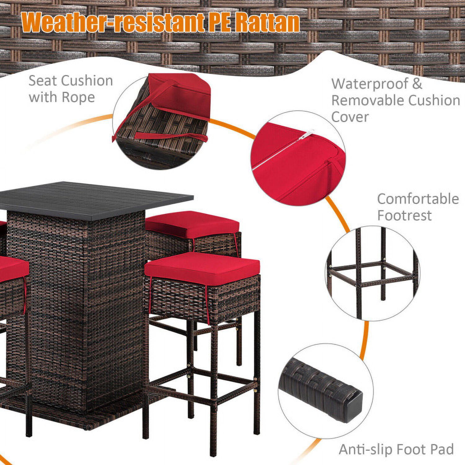 Aimee Lii 5 Pieces Patio Rattan Bar Table Stool Set Hidden Storage Shelf Cushioned, Outdoor Patio Furniture, Red