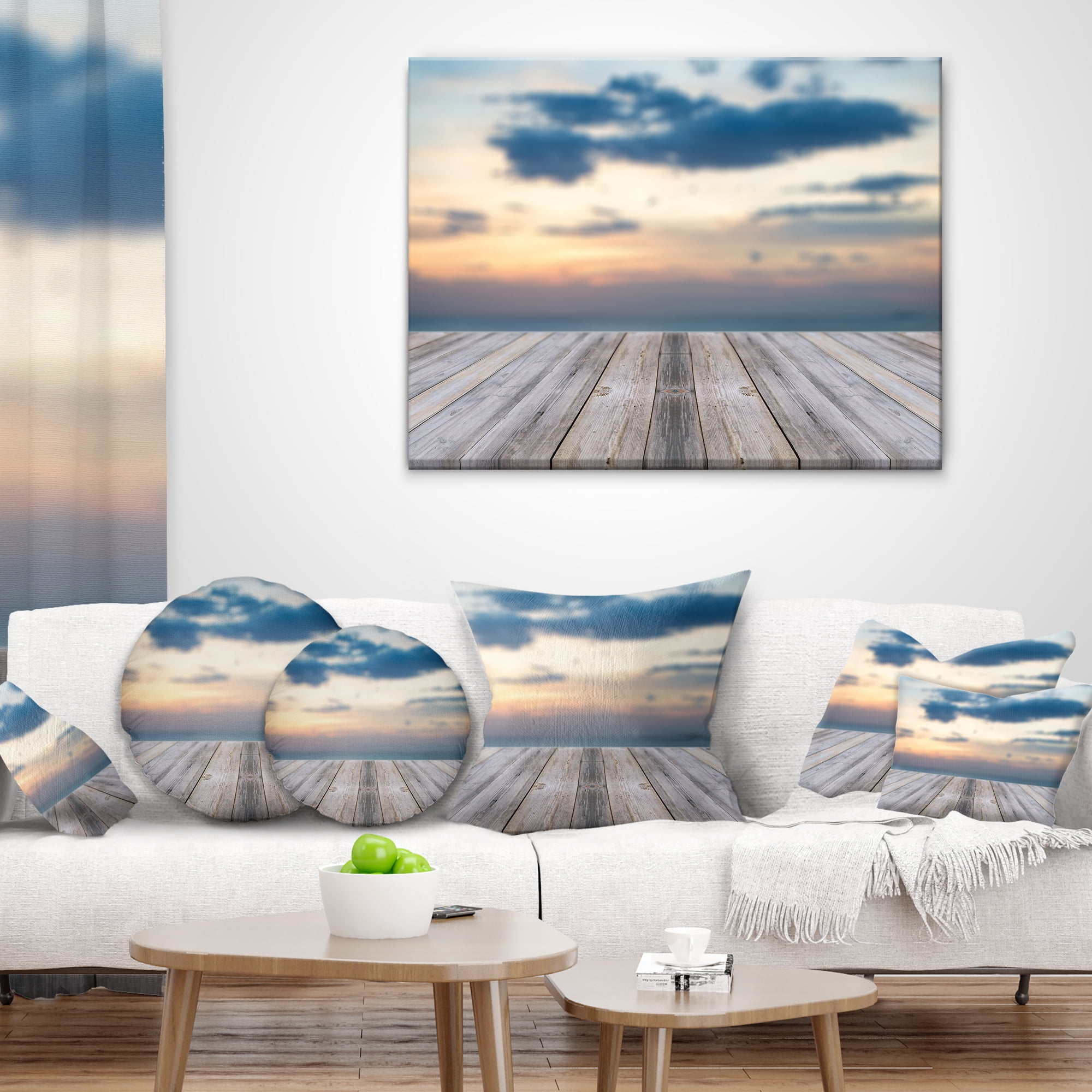 Designart Wooden Board at Sunset Seashore - Modern Throw Pillow - 18x18