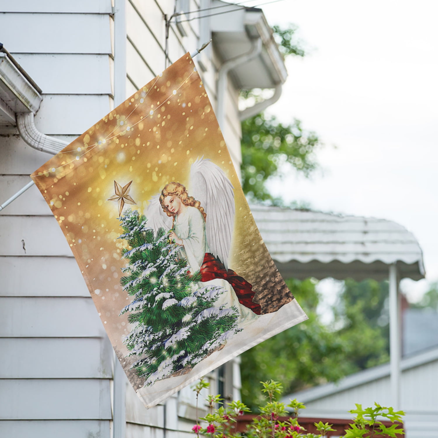 America Forever Winter Angel Tree House Flag, 28 x 40 inch Double Sided, Angel Snow Covered Tree Twinkling Lights, Religious Christmas Outdoor Decor, Holiday Yard Decorations Flag