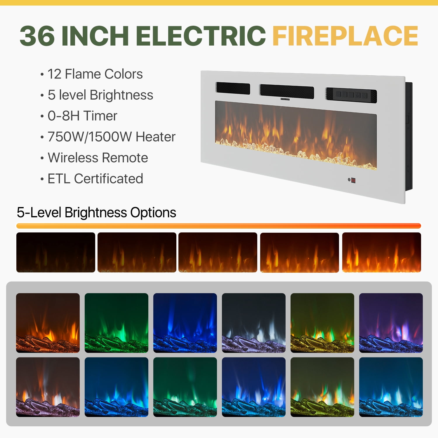 BaPiPro 80" Fireplace TV Stand for TVs up to 90", Large Modern Entertainment Center, White TV Console with 36" Electric Fireplace & LED Lights, White Fireplace