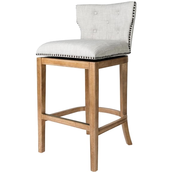 Maven Lane Hugo 31 Inch High Bar Height Barstool with Low Back in Weathered Oak Finish with Sand Color Fabric Upholstered Seat