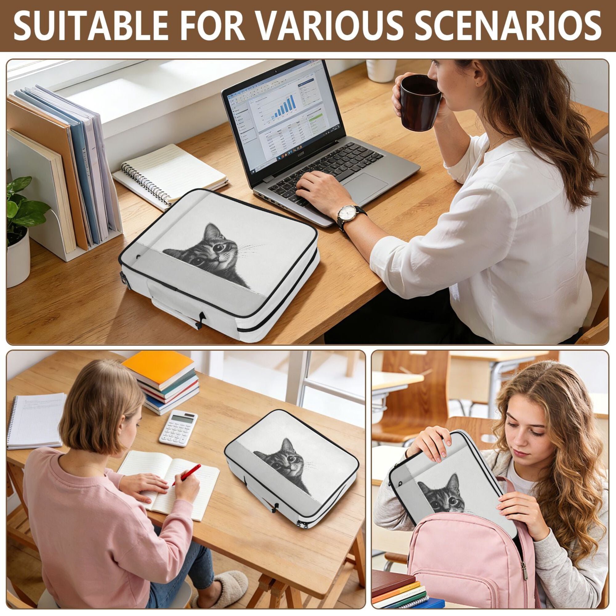 FORMRS Accordion File Folder A4 Size 7-Pocket Expanding Document Organizer Bag with 3 Ring Binder, Black Cute Cat