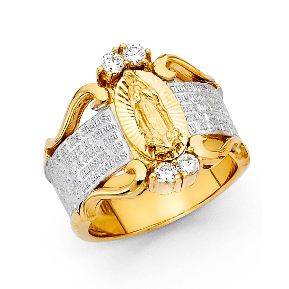 14 KT GOLD PLATED MENS LUCKY RELIGIOUS VIRGIN MARY 3 COLOR CZ RING SIZE 8-13