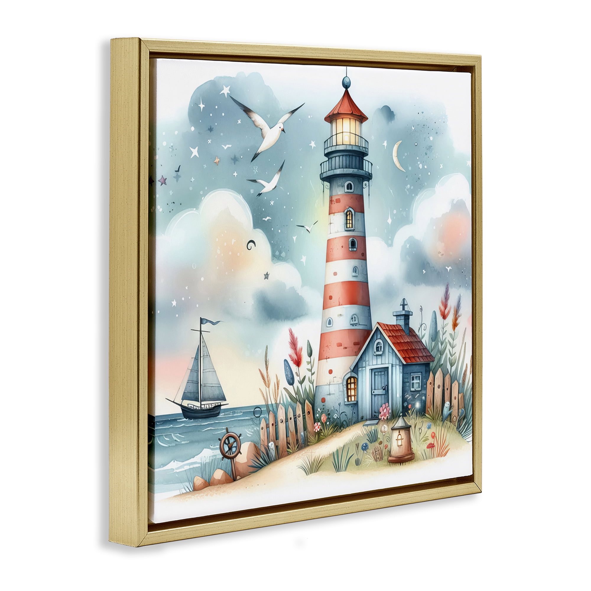 Stupell Industries Fun Maritime Lighthouse Nautical & Beach Painting Gold Floater Framed Canvas Art Print Wall Art, 25 x 25