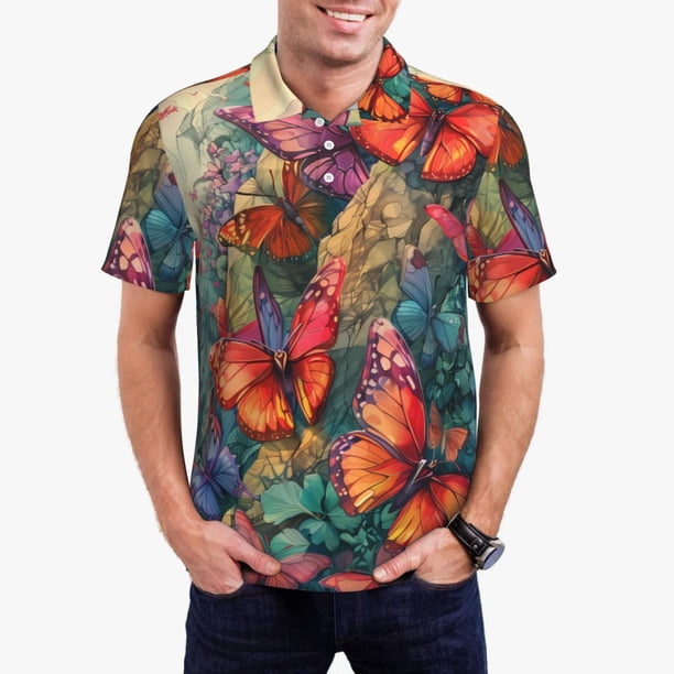 Fotbe Butterflies On Rocky Cliff Camiseta Polo de Golf para Hombre con Estampado – Camisa Deportiva Transpirable con Cuello Abotonado-4X-Large