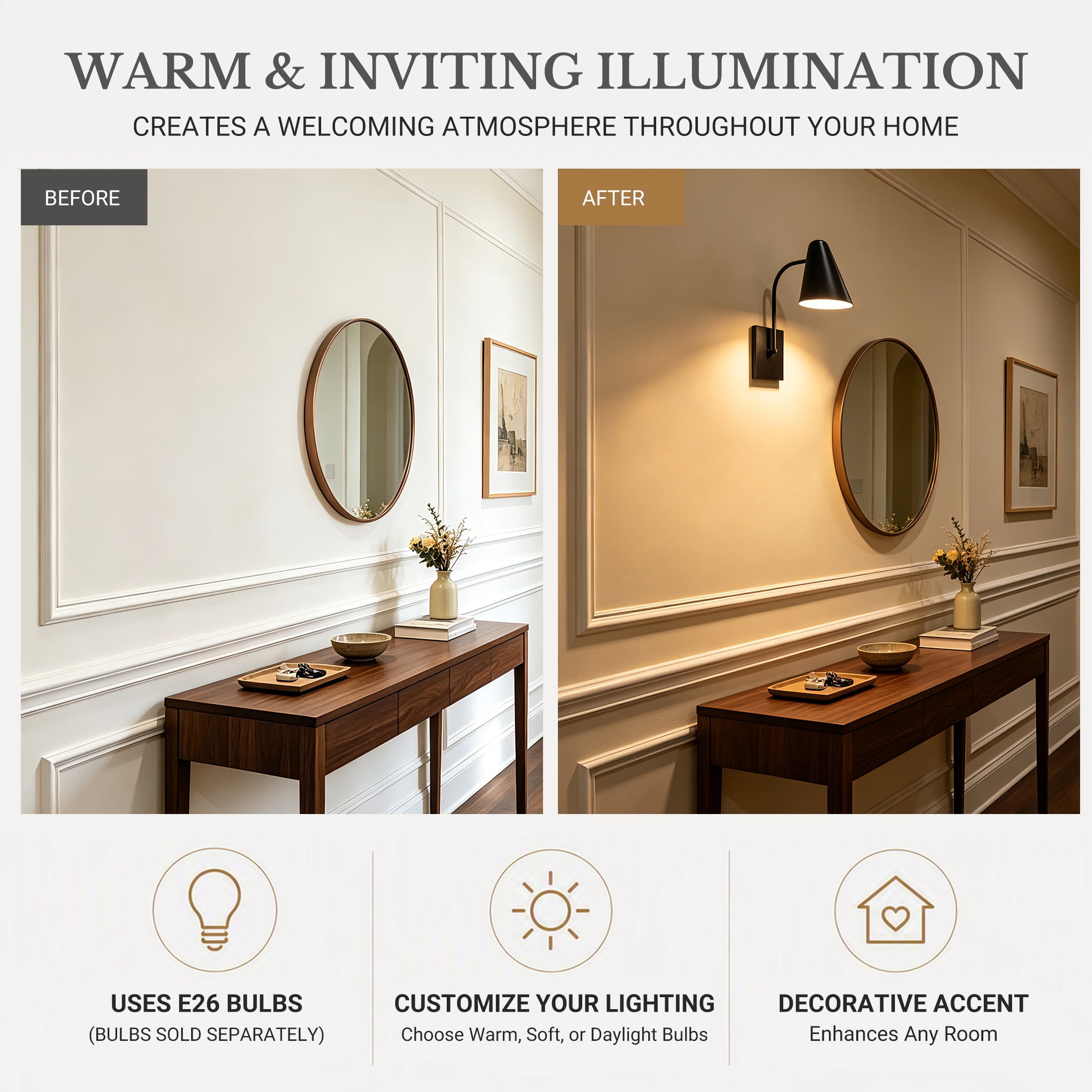 Better Homes &Gardens 15.16in Contemporary Black 1-Light Indoor Wall Light, Brass Interior No Bulb