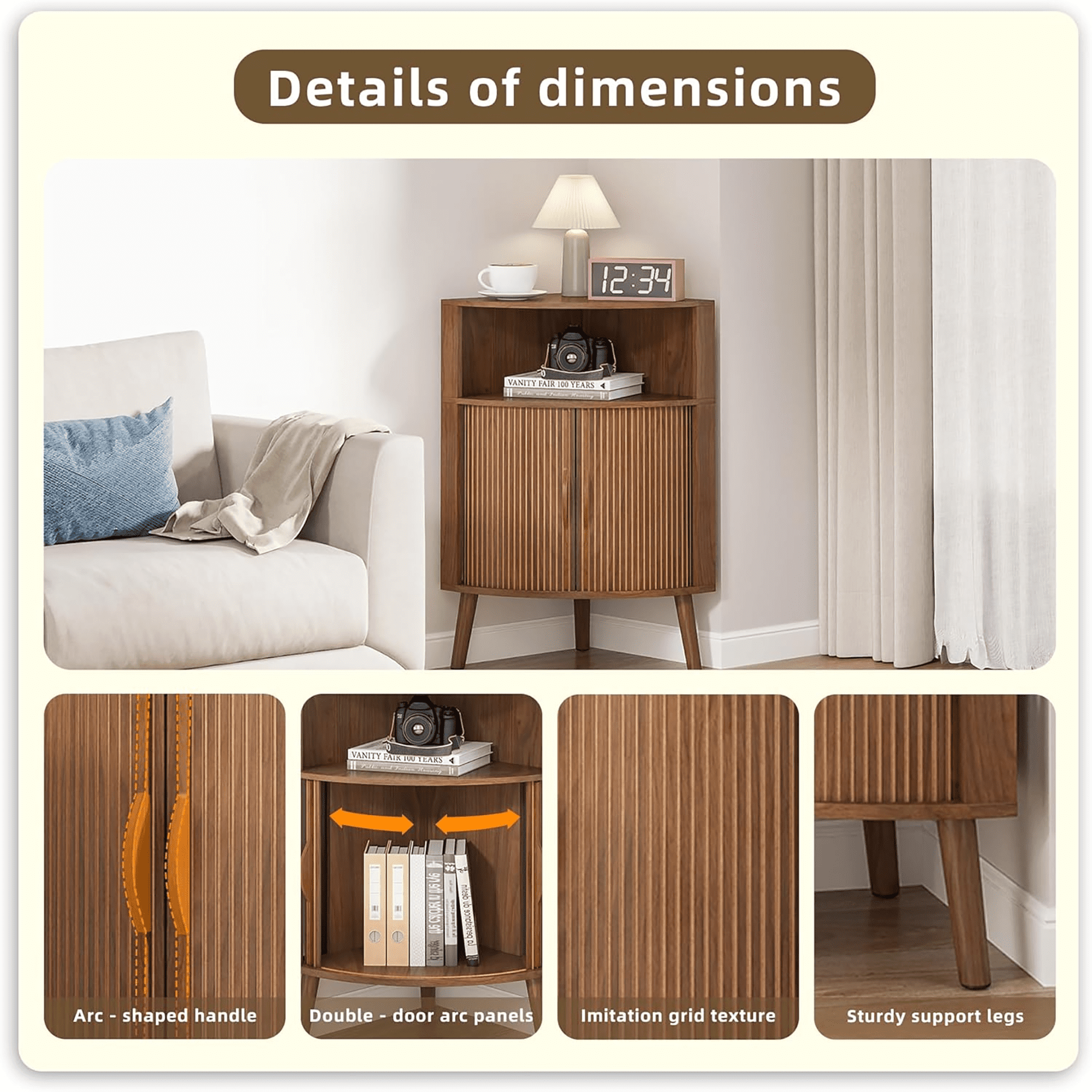 Fluted Bathroom Corner Storage Cabinet, Small Corner Floor Cabinet with Doors and Shelves, Freestanding Narrow Cabinets Organizer for Bathroom, Living Room, Kitchen, Walnut