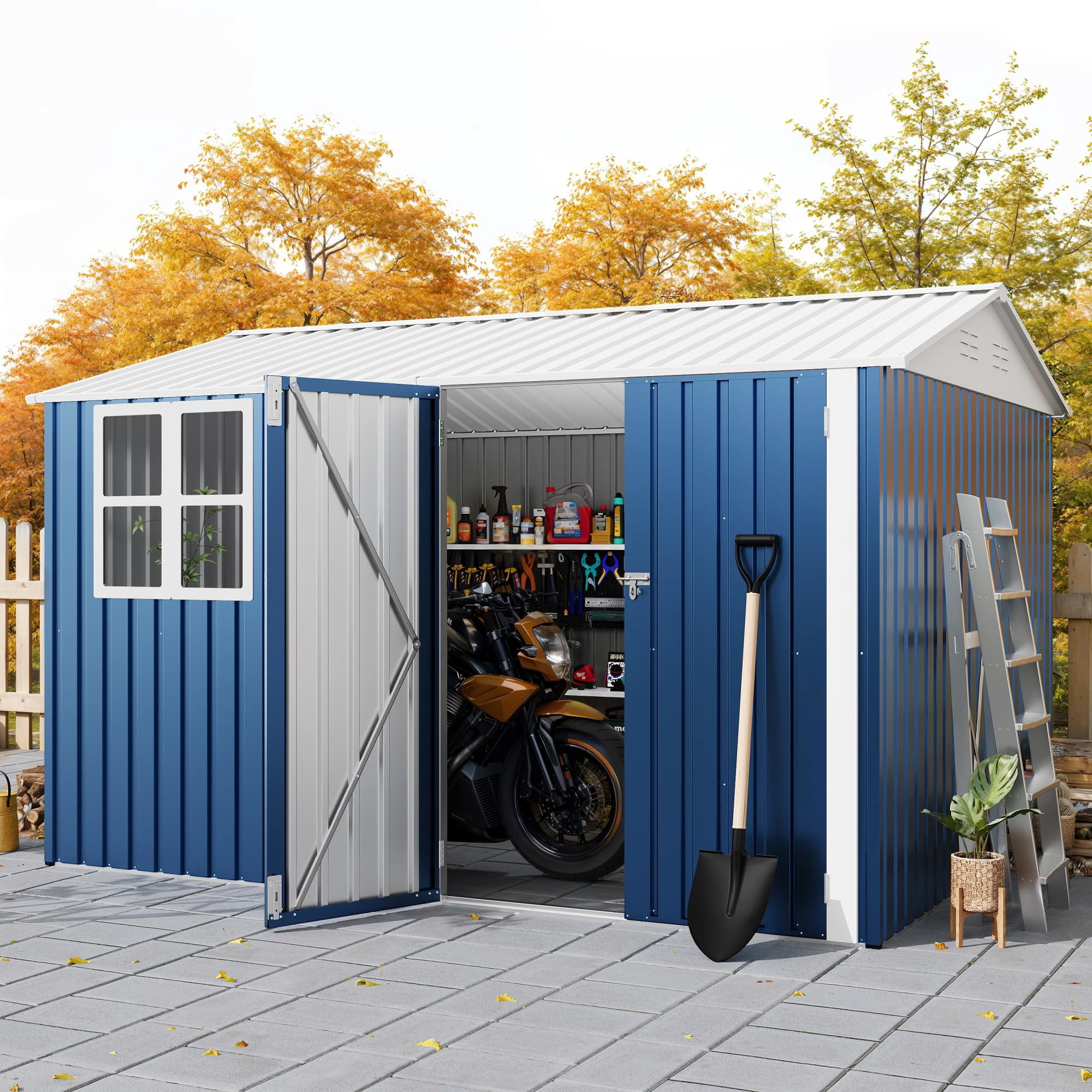 8x10 FT Outdoor Storage Shed,450CU.T Metal Tool Shed with Clear Window, Lockable Doors,Large Garden Storage Box with Sloping Roof，Sheds&Outdoor Storage for Backyard Garden Patio Lawn, Blue