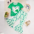 thumbnail image 2 of ZEHJUHAN Girls' Cute Clover Print 2-Piece Set, Short Sleeve Round Neck T-Shirt and Flare Leg Pants Outfit Green，S, 2 of 10