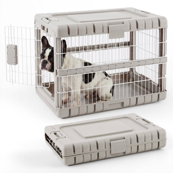 ZOMISIA Collapsible Dog Crate for Dogs - 28" Heavy Duty Steel, Foldable Cage for Dogs Indoor Furniture, with 2 Wheels, Beige