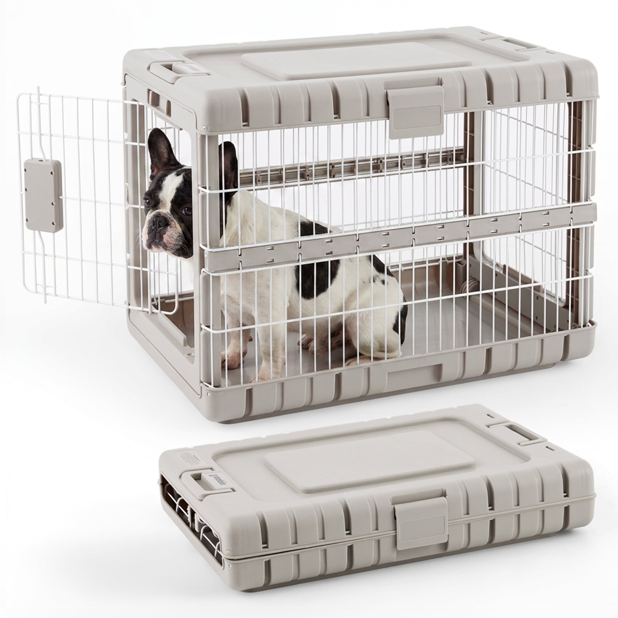 ZOMISIA Collapsible Dog Crate for Dogs - 28" Heavy Duty Steel, Foldable Cage for Dogs Indoor Furniture, with 2 Wheels, Beige