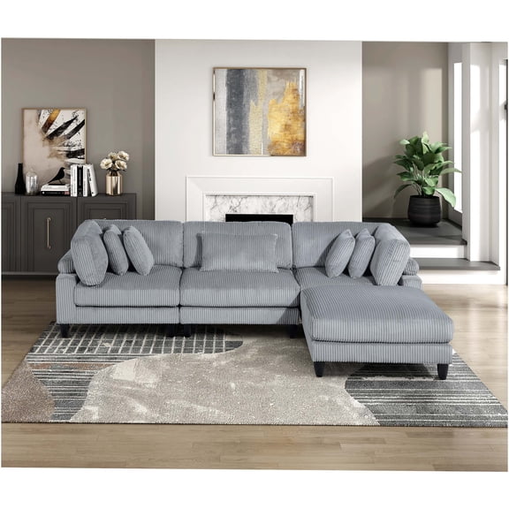 JERFIT Modern 4-Piece Modular Sectional Sofa Set with Ottoman, Gray Corduroy Fabric Upholstery for Living Room, Reversible Cushions