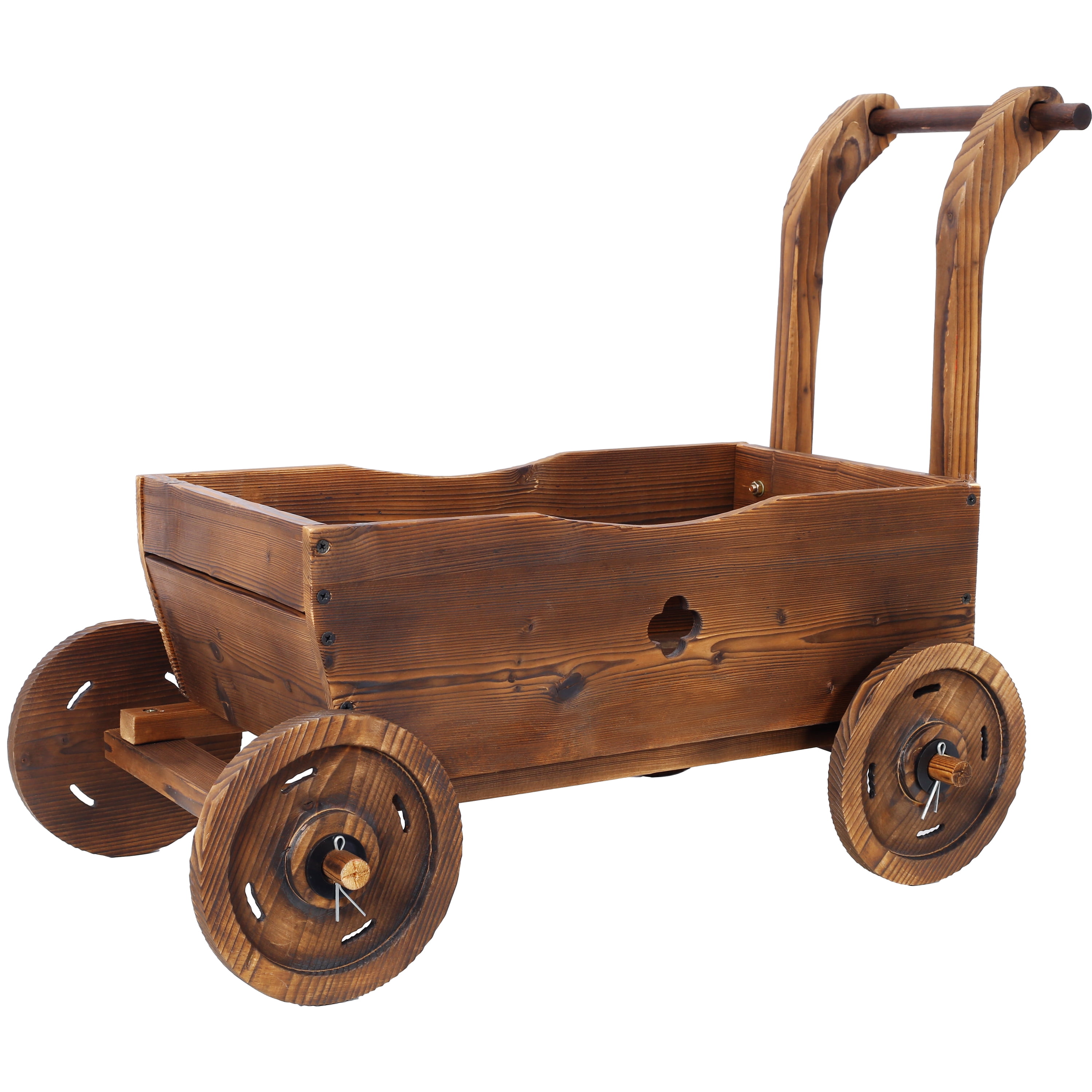 Wooden Wagon Planter Box Mobile Garden Planter with 4 Wheels Handle Drain Hole Decorative Flower Planter Indoor Outdoor for Patio Garden Balcony Brown