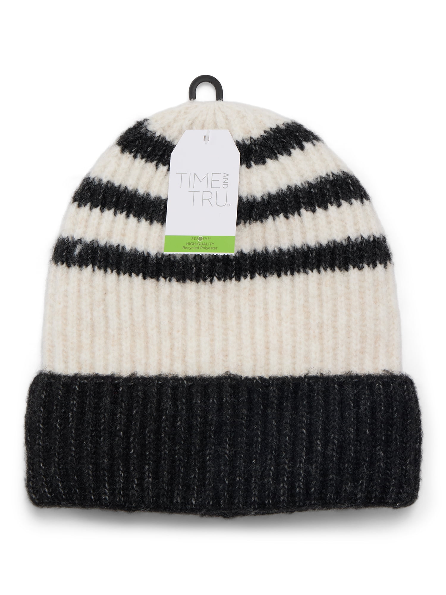 Time and Tru Women's Sporty Stripe Beanie, One Size Fits Most, Black Combo