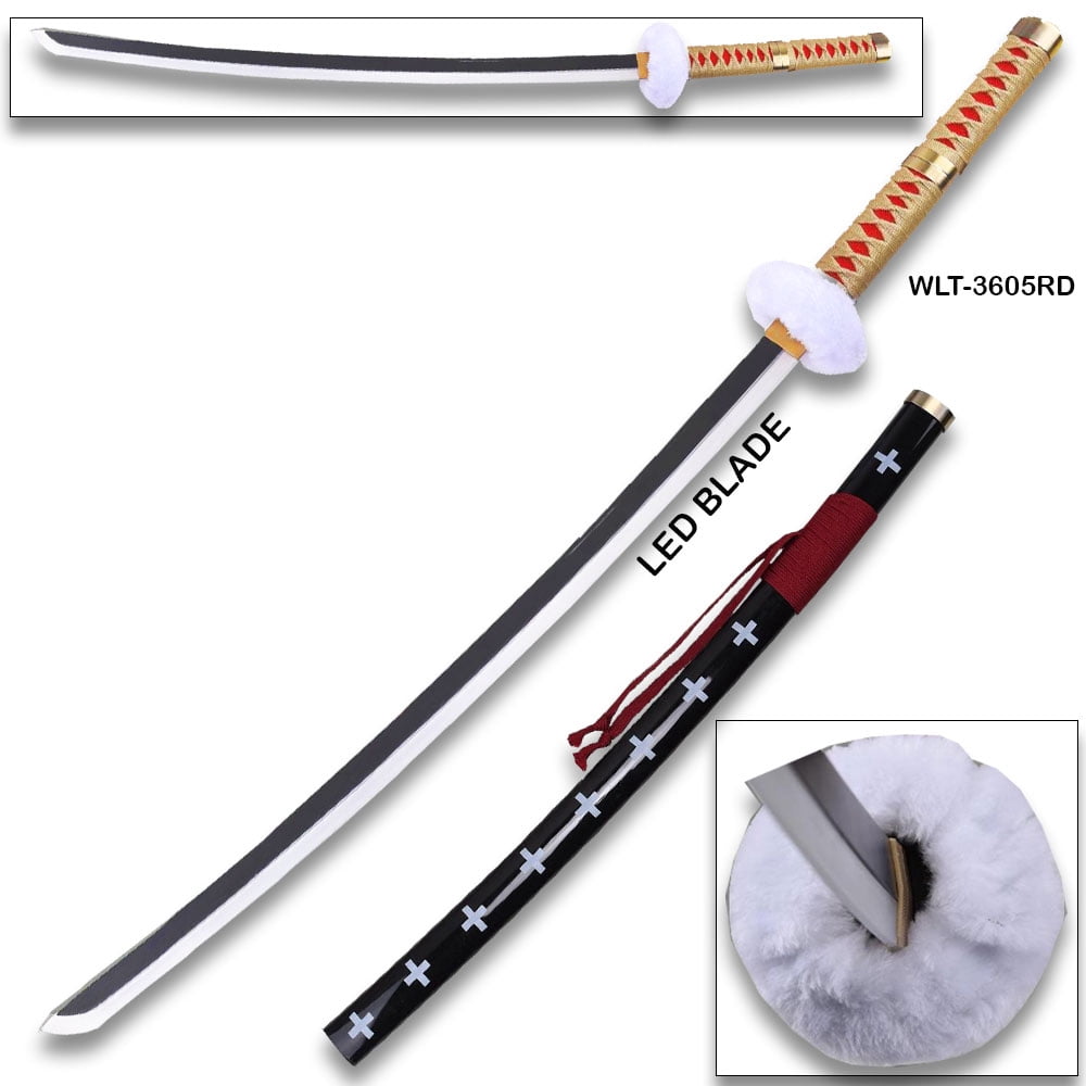 One Piece Trafalgar Law "Kikoku" LED Light-Up Wooden Katana Replica – Red Surgeon of Death Cosplay Sword with Scabbard 41 in