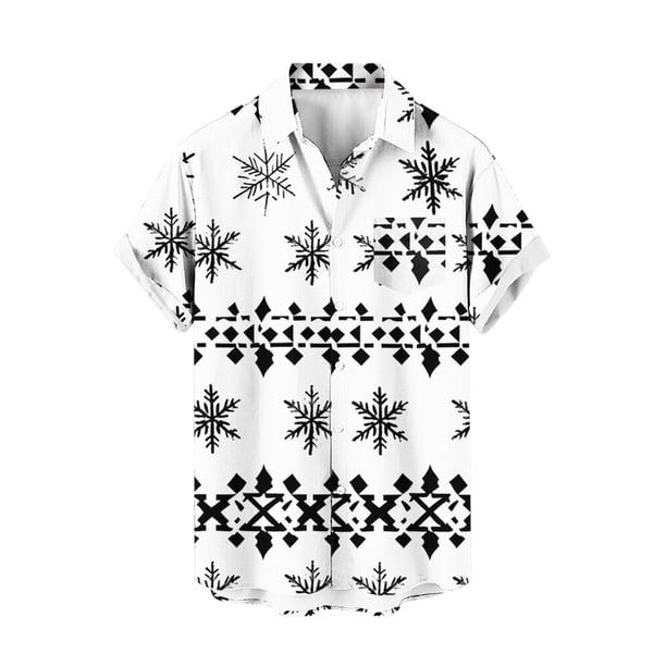 Mens Manga Corta Botón Abajo Camisas, Navidad Impreso Turndown Cuello Blusa, Top de Moda Casual