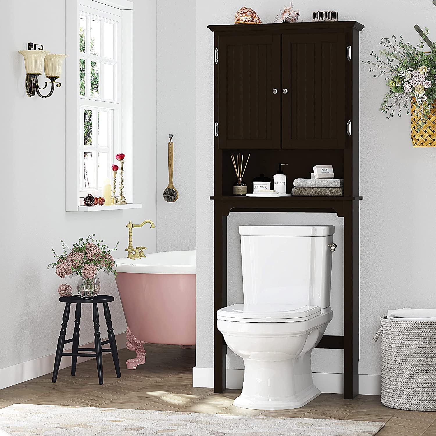 UTEX Bathroom Storage Over The Toilet, Bathroom Cabinet Organizer with Adjustable Shelves and Double Doors, Wood Bathroom Space Saver,Espresso