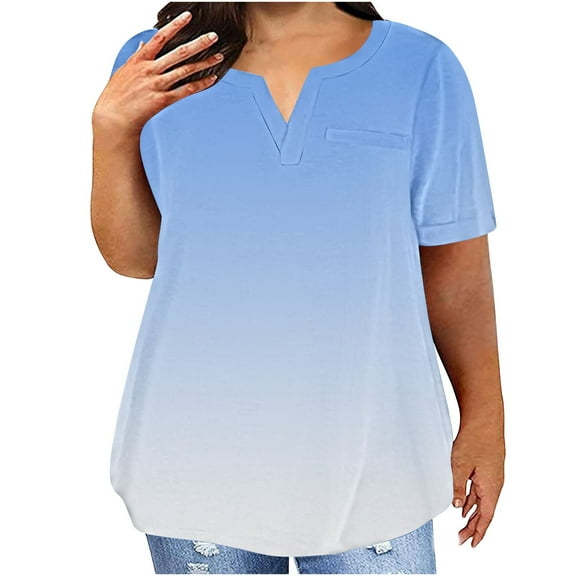 Kayannuo Blouses for Women Casual Women Plus Size V-Neck Blouse Casual Loose Short Sleeve Blouse Blue XXL