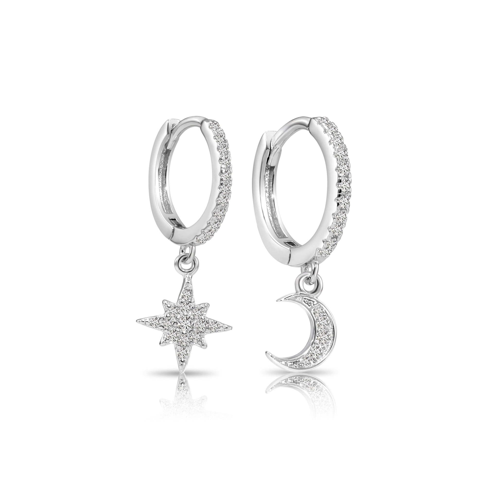 Tilo Jewelry 925 Sterling Silver Star Moon Dangle Drop Huggie Hoop Earrings with Cubic Zirconia CZ Stones | Everyday Celestial Earrings for Women & Unisex