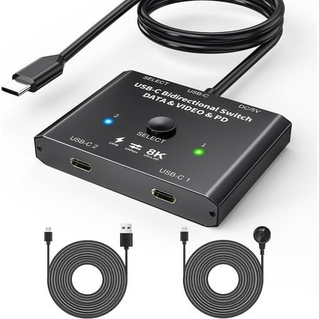 USB C Switch 2 in 1 Out, Type-C Bidirectional Switcher 2 in 1 Out Used for 2 Computers with C Port, Supports Video Resolution up to 8K@60Hz 4K120Hz and PD100W Charging 10Gbps Data Transfer