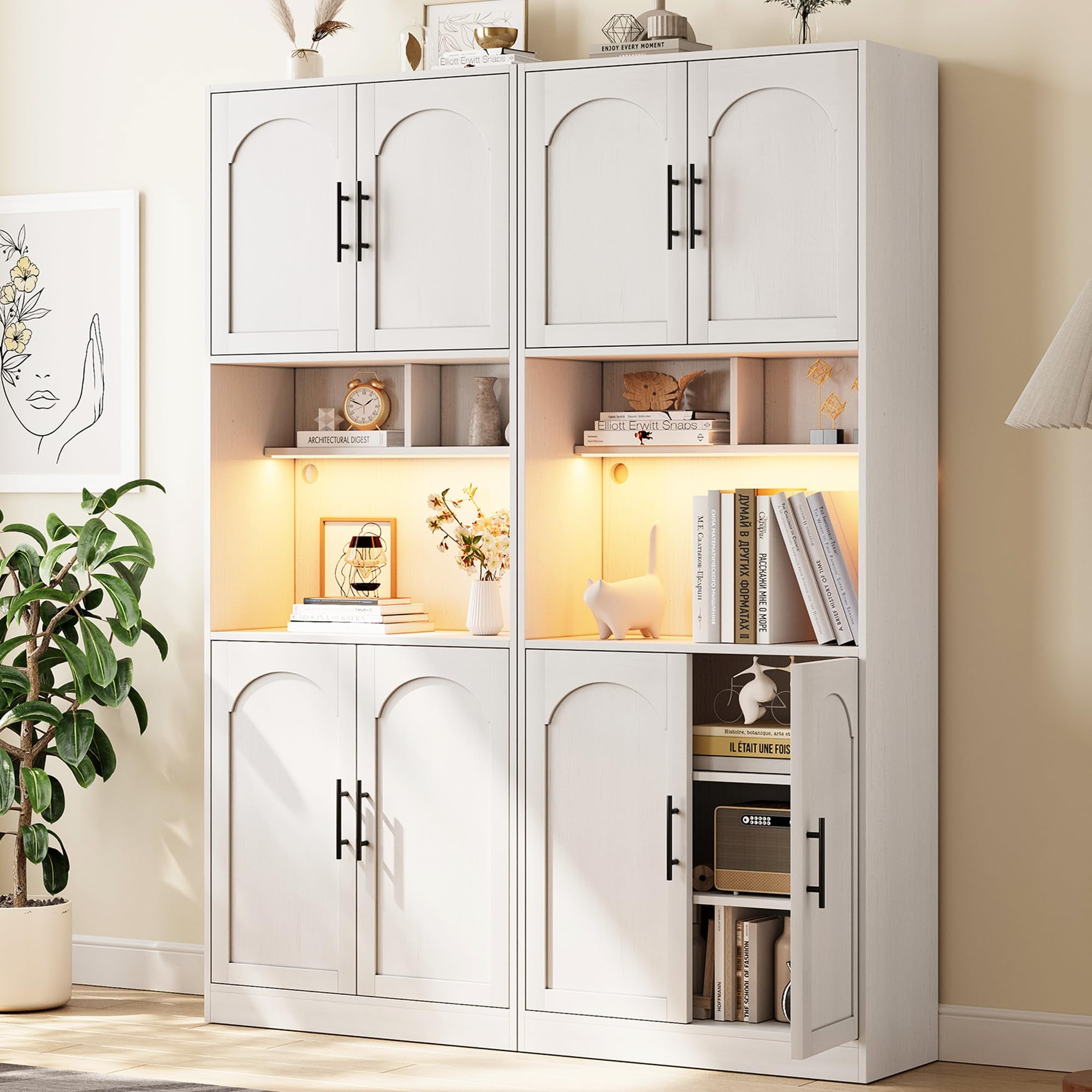 Danolapsi Kitchen Pantry Cabinet with RGB Light,Microwave Stand with Storage,Tall Kitchen Hutch Bar Cabinet,Farmhouse Wood Storage Cabinet with Barn Doors & 2 Open Shelves,Cupboard for Dining Room