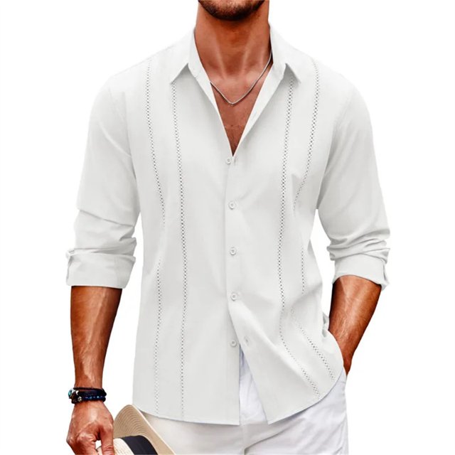Camisa hawaiana de manga larga para playa para hombre, camisa monocromática con cuello vuelto y botones, ropa cómoda de tela suave para hombre