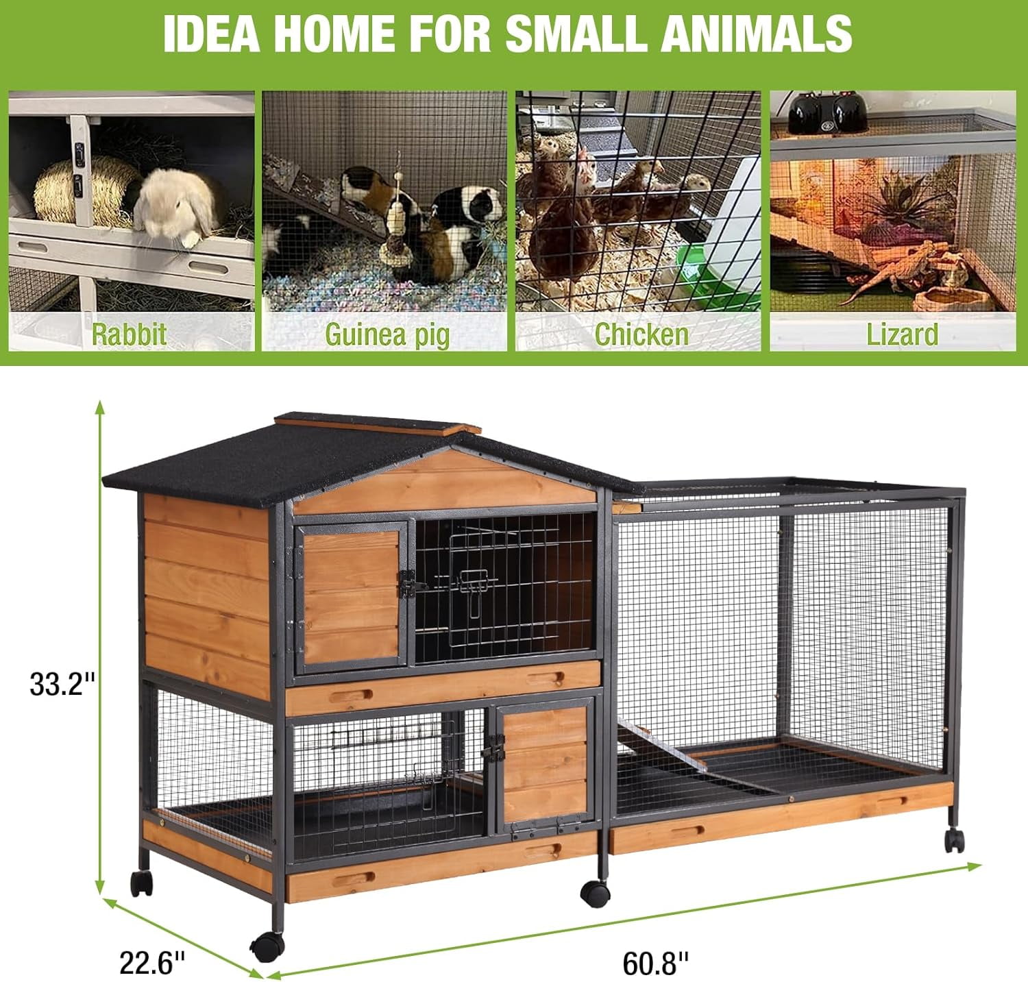 MEDEHOO Rabbit Hutch Outdoor Indoor, Rabbit Cage with Wheels Bunny Cage Large Guinea Pig Cage for Small Animals with Tray