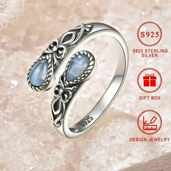 1pc Vintage Boho Style S925 Sterling Silvery Moonstone Spoon Ring, Synthetic Stone, Adjustable Butterfly Thumb Design, Hypoallergenic Nickel-Free, Silvery Plated, Women's Fashion Jewelry For Daily