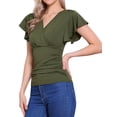 thumbnail image 4 of Blusa Faux Wrap Inspire Chic para mujer, blusa casual de verano con cuello en V y mangas con volantes, talla L, verde oscuro, 4 of 6