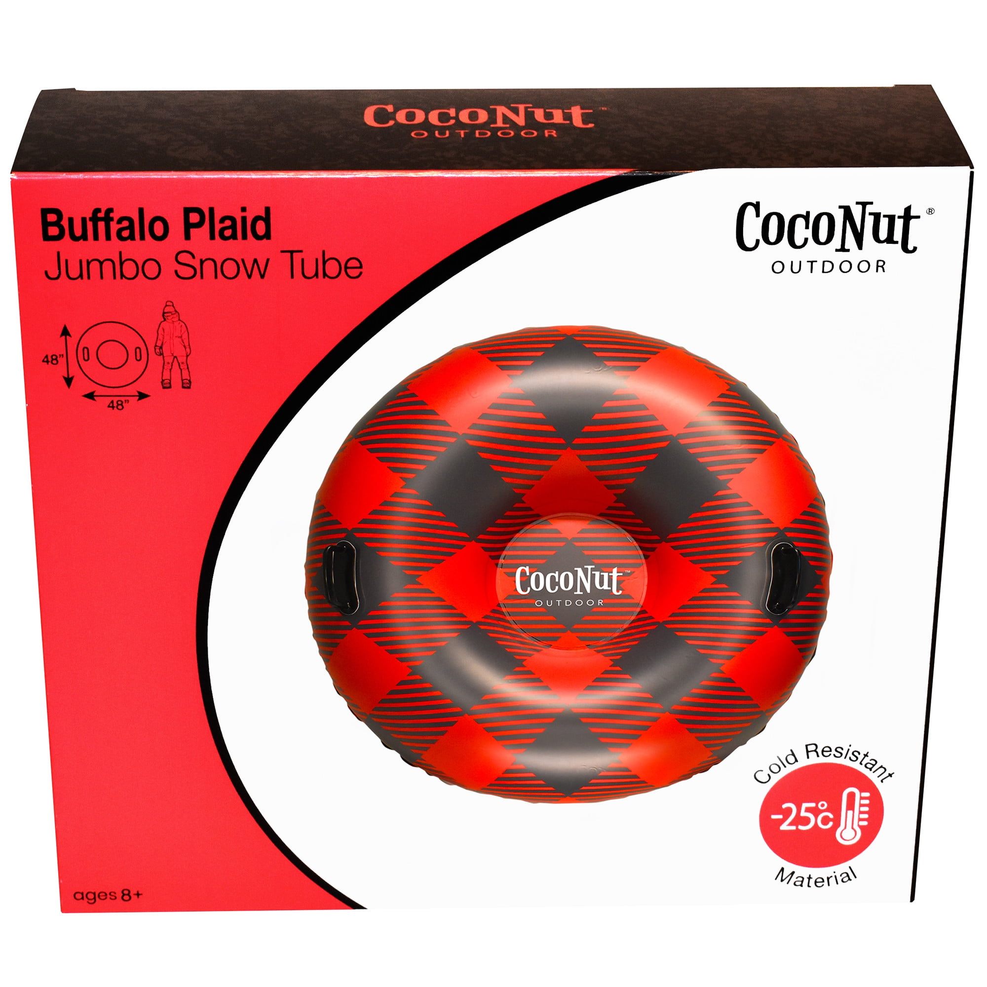 CocoNut Outdoor: Buffalo Plaid - 48" Jumbo Snow Tube - Red & Black Inflatable Ring, Cold Resistant PVC, Winter Sled, 200lb Cap, Kids-Teens-Adults 8+
