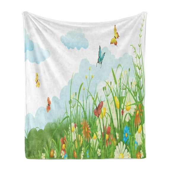 Grass Soft Flannel Fleece Blanket, Clouds with Spring Meadow with Butterflies and Green Grass Chamomile Blossom Garden, Cozy Plush for Indoor and Outdoor Use, 60" x 80", Multicolor, by Ambesonne