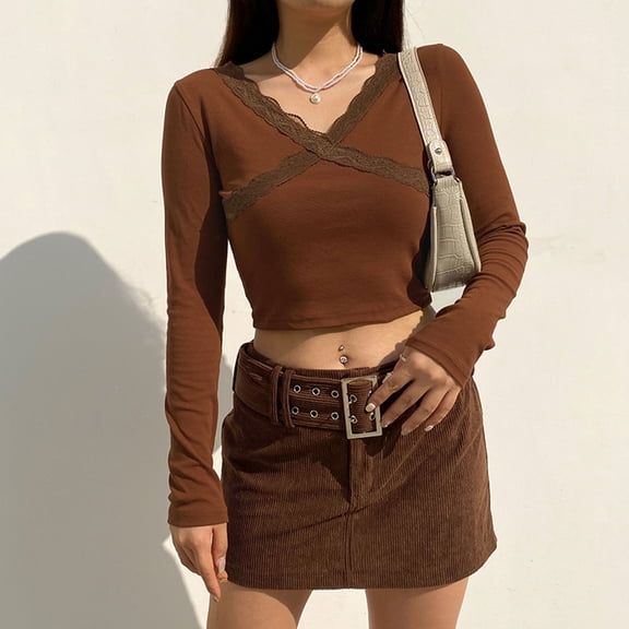 Lilgiuy Women's V-neck Slim Cross Lace Solid Color Bottom Long-sleeved Pullover Shirt Top for Women Trendy