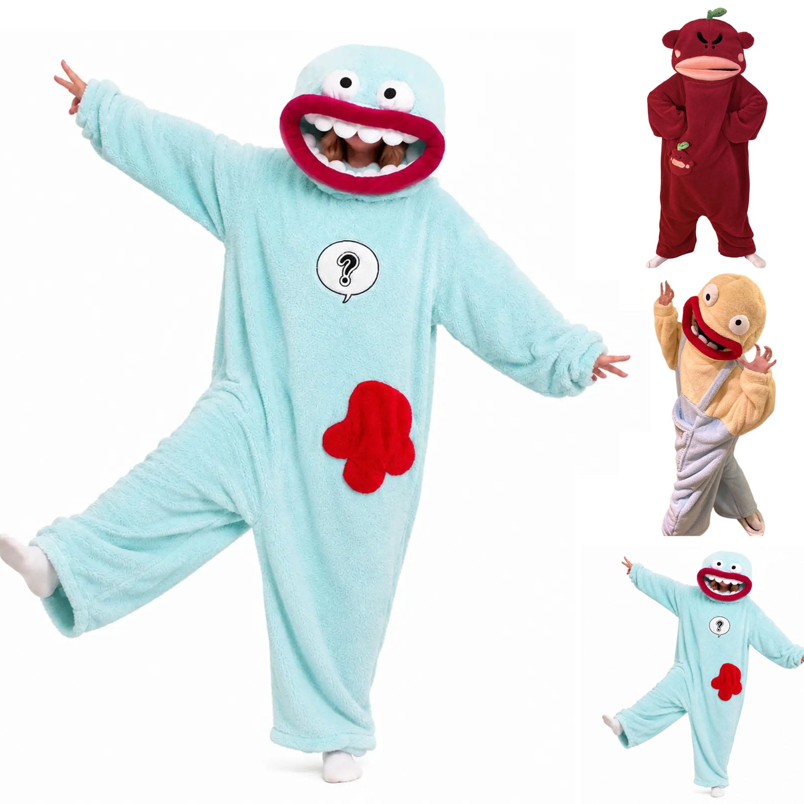 Unisex Silly Monster Onesie Homewear - Plush Fleece Big Mouth Monster Jumpsuit Red M