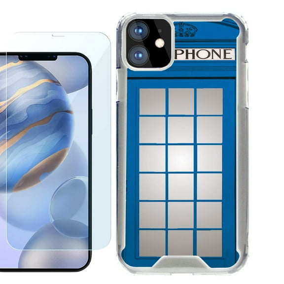 For Apple iPhone 12 Case, iPhone 12 Pro Case, Hybrid Bumper Phone case, with Tempered Glass Screen Protector, by OneToughShield ® - Phone Booth Blue