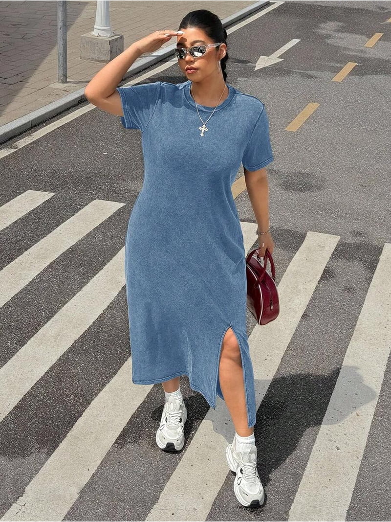 plus size denim midi dress Plus Size Meme Lace-Up Tencel Denim Midi Dress