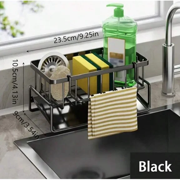 Sponge Holder Kitchen Sink Caddy Organizer With Self-Draining Tray Towel Rack