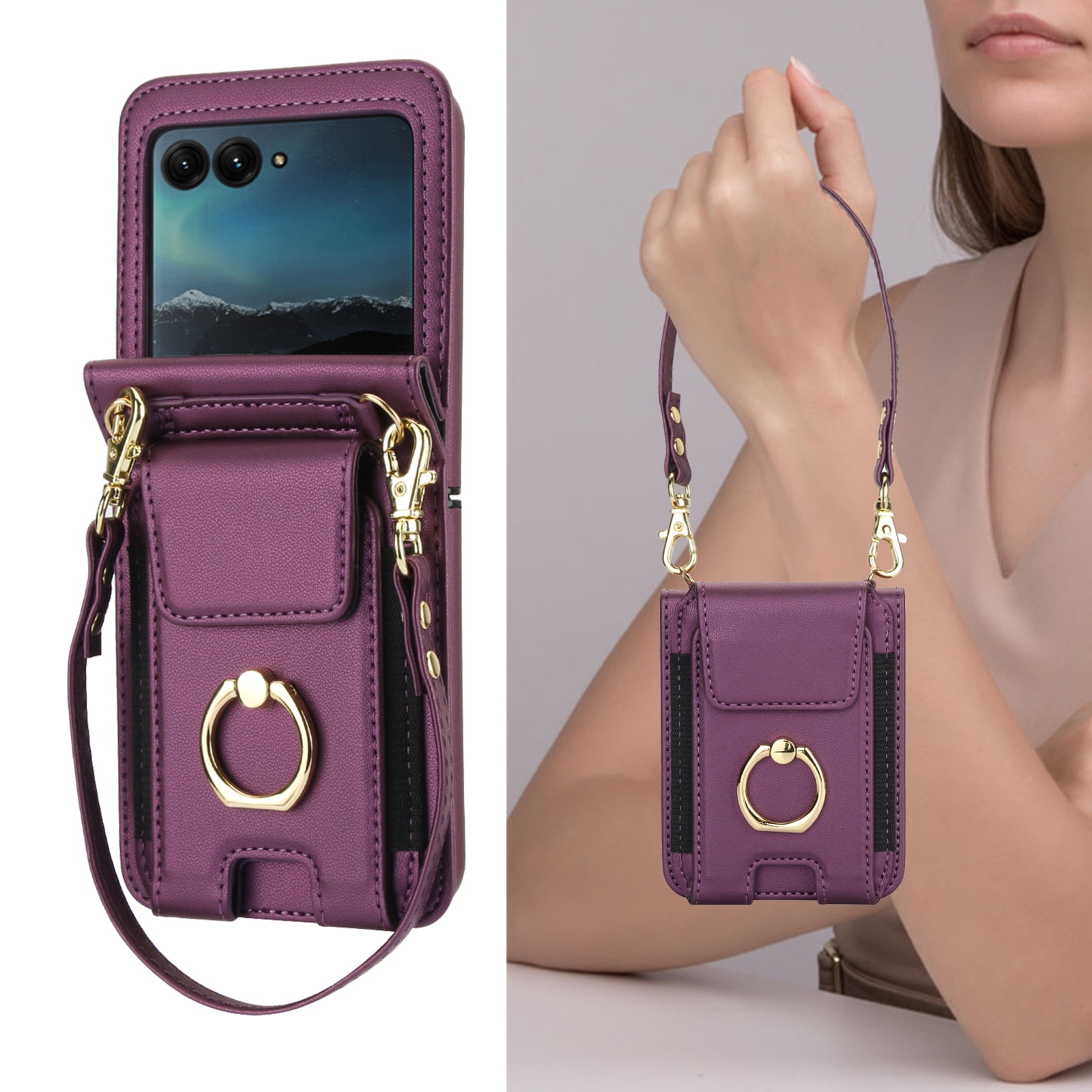 for Motorola Razr 2024 Case, Retro PU Leather Shockproof Protection Phone Case Wallet Built in Credit Card Slots Flip Cover Finger Ring Stand with Long Strap + Short Strap, Darkpurple