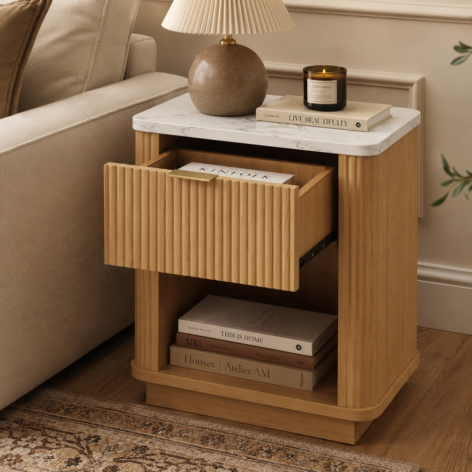 Hommoo Fluted Nightstand with Faux Marble Top, Gold Handle & Open Shelf, Modern Bedside Table for Bedroom, Living Room, Dorm & Guest Room, Natural