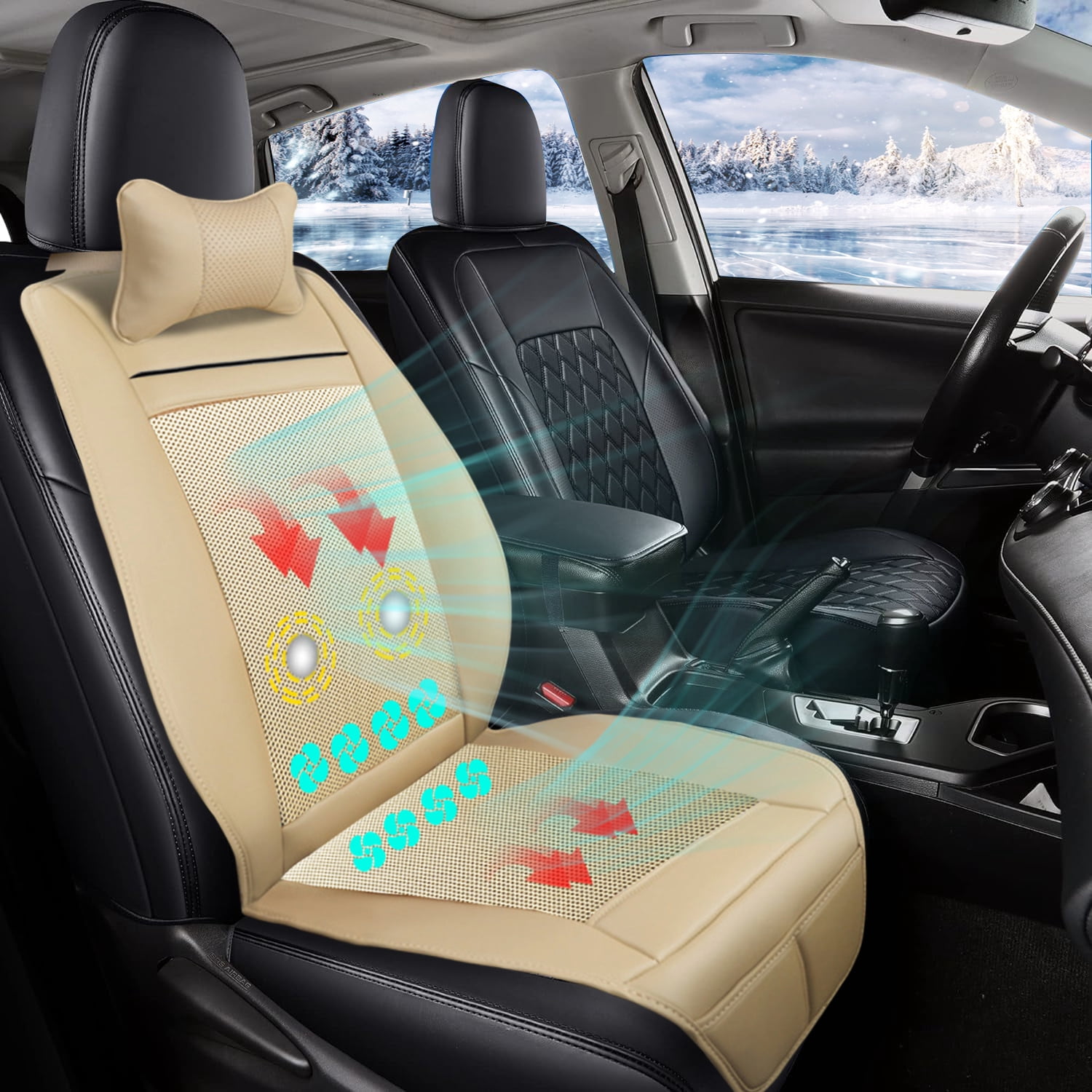 Practisol 12V Cooling and Heated Car Seat Cover Cooling Car Seat Cushion Ventilated Seat Heater Cooler Massage Seat Cushion with Heat Winter Summer Use Beige 1PCS
