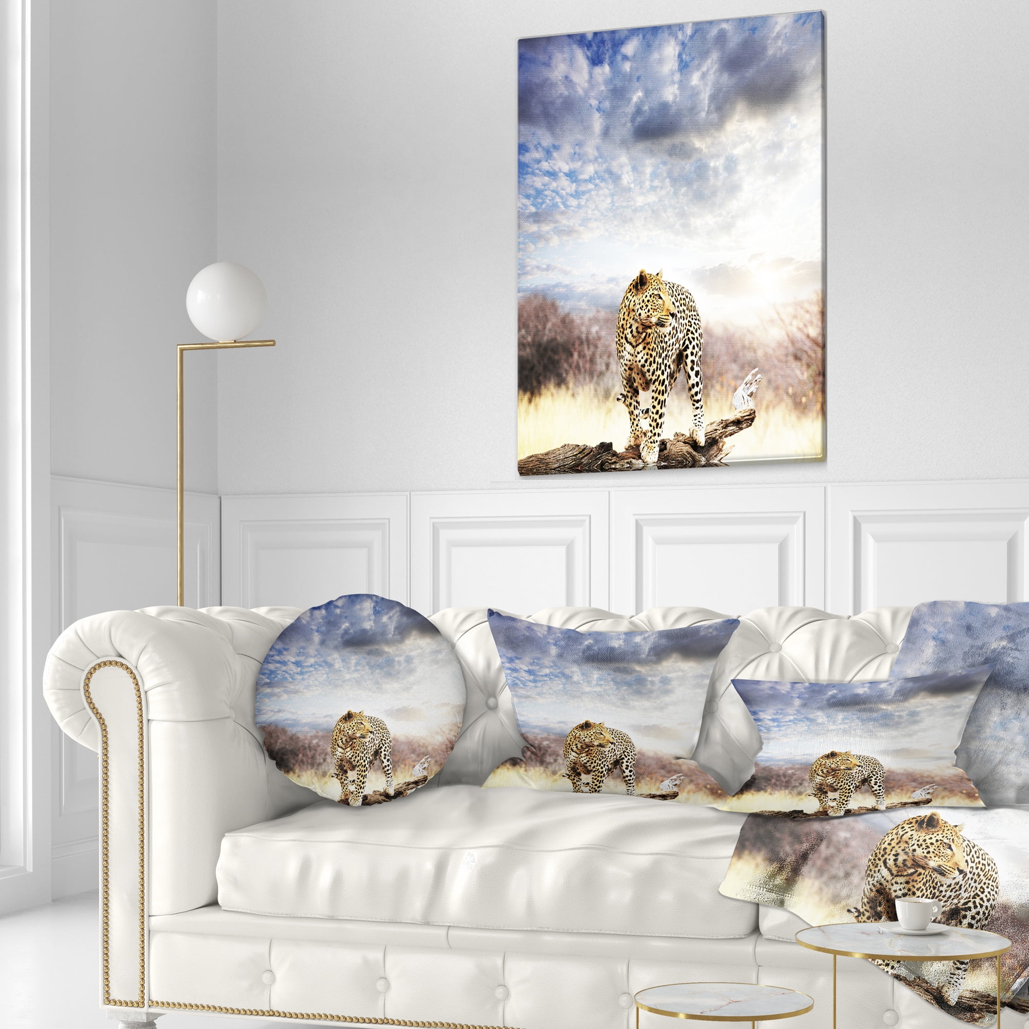 Designart Leopard Walking under Cloudy Sky - African Throw Pillow - 12x20