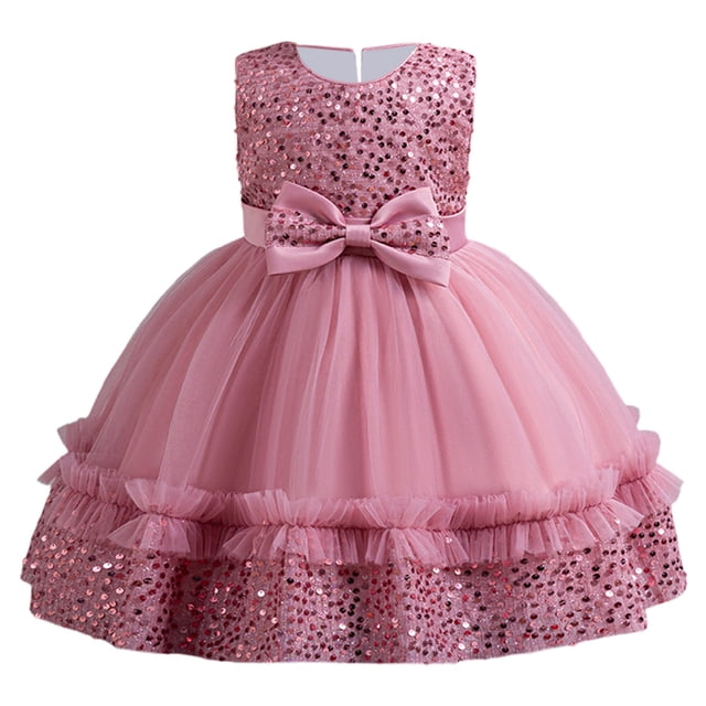 Yanlir Robe en Sequins pour Fille Sans Manches Col Rond Robe de Fête Scintillante, Tenue d'Été à la Mode pour Enfants, Style Princesse Tenue Décontractée Respirante pour les Vacances (Rose Vif, 4-5 Ans)